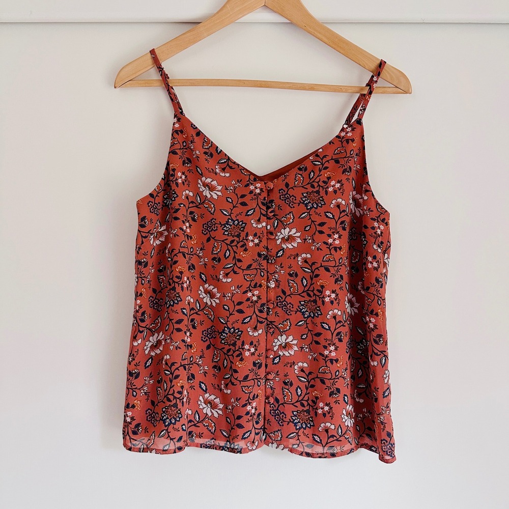 Frank And Oak Rust Orange Floral V-Neck Camisole Adjustable Strap Top XS